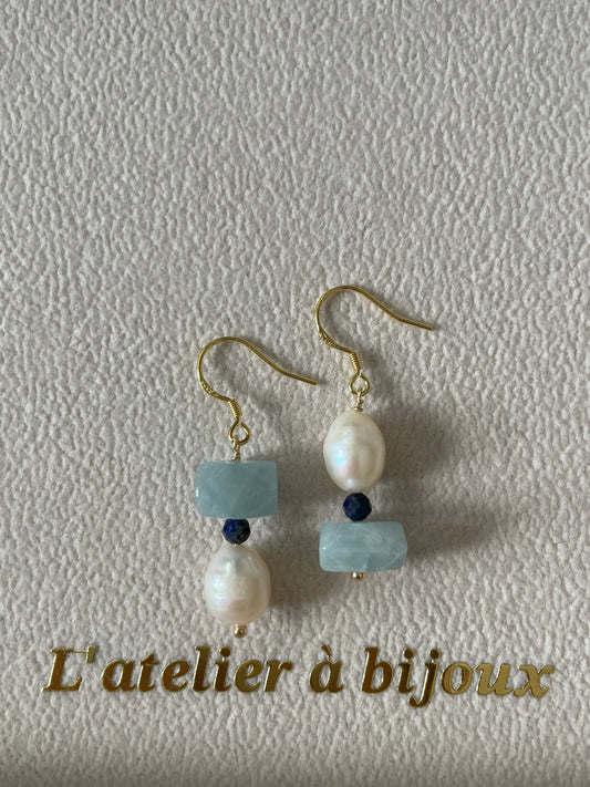 Hoa tai ngọc trai & đá Aquamarine