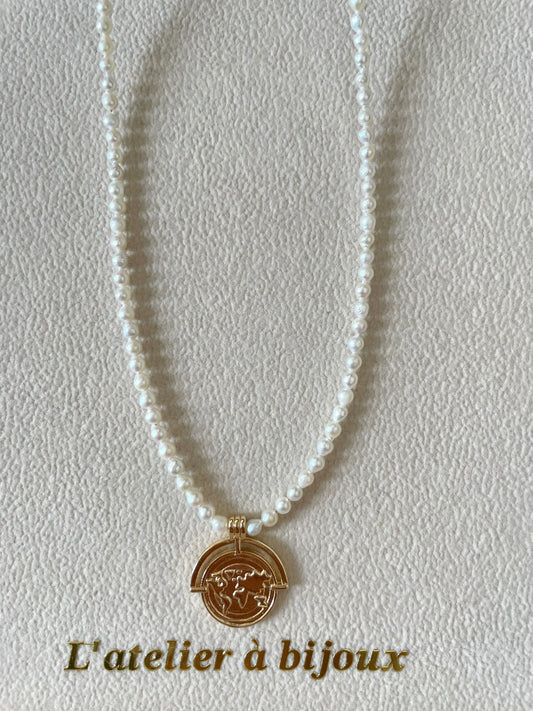 Vòng cổ ngọc trai 3.5mm & World map pendant