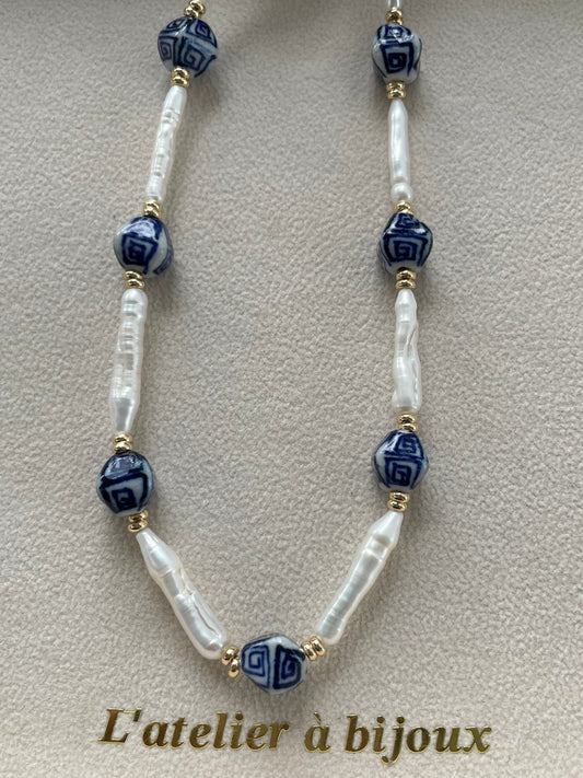 Long pearl and porcelain necklace